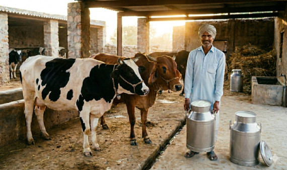 Happy Indian dairy farmer with full milk tins and healthy cows showing high milk SNF quality.