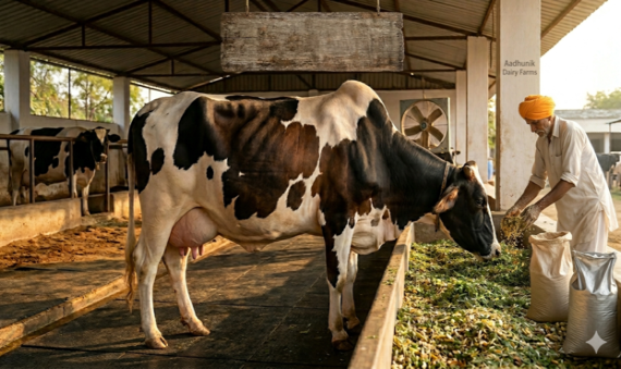 A happy, well-fed dairy cow in a clean barn with quality feed, ready to produce more milk and fat.